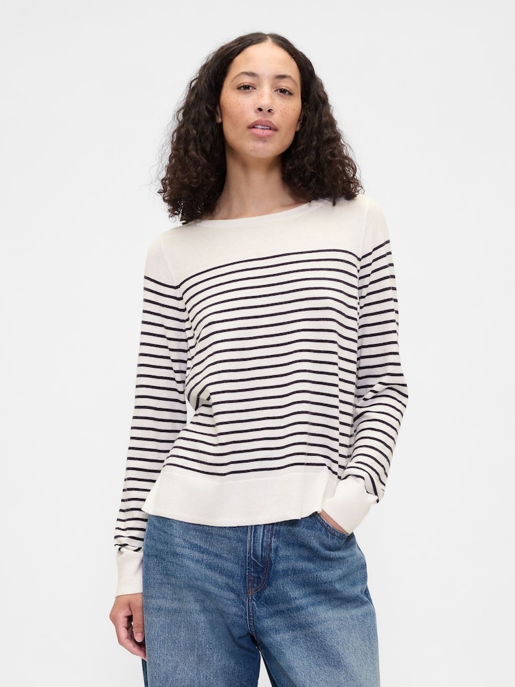 Gap White/ Navyt Blue Stripe Bella Boat Neck Jumper - Image 1 of 4
