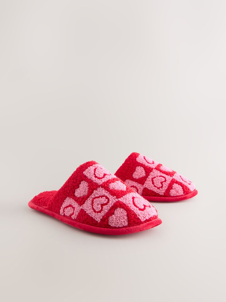 Pink/Red Borg Mule Check Heart Slippers - Image 2 of 6 Pink/Red Borg Mule Check Heart Slippers - Image 2 of 6