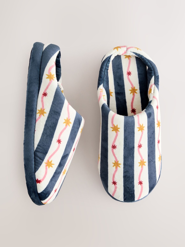 Navy/White Stripe Plush Mule Slippers - Image 1 of 5 Navy/White Stripe Plush Mule Slippers - Image 1 of 5