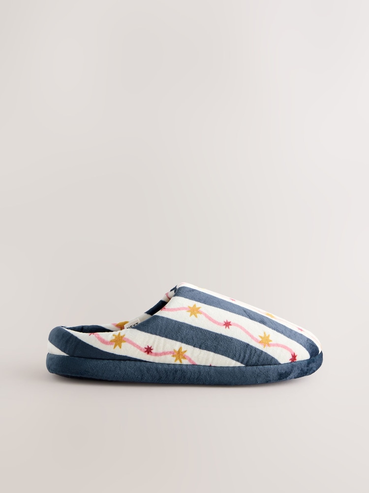 Navy/White Stripe Plush Mule Slippers - Image 2 of 5 Navy/White Stripe Plush Mule Slippers - Image 2 of 5