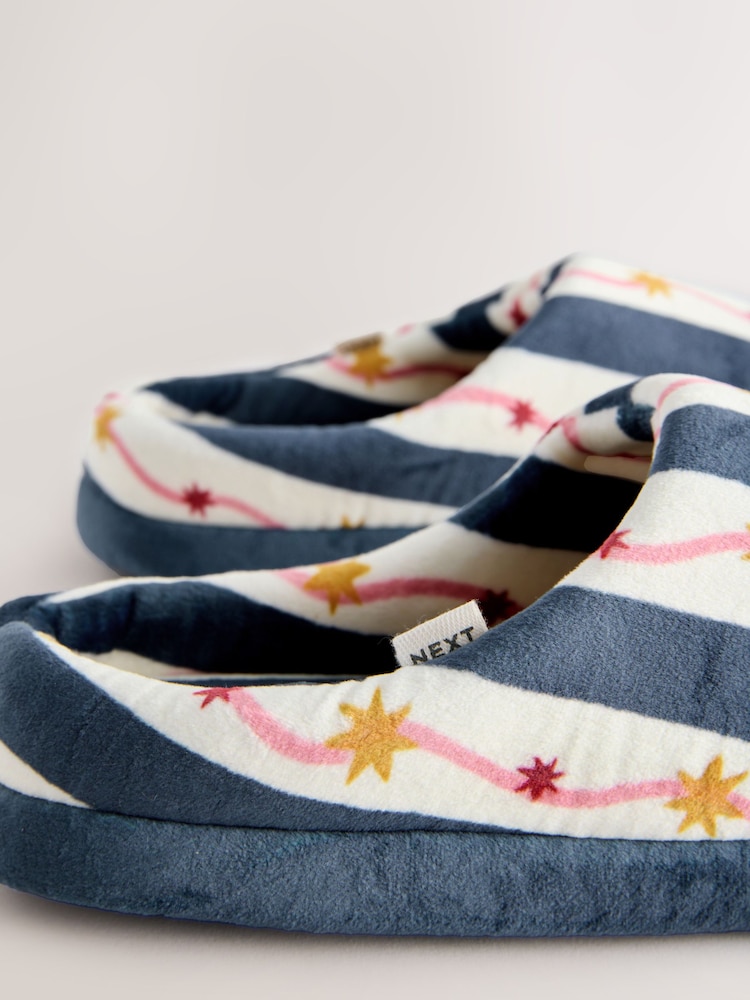 Navy/White Stripe Plush Mule Slippers - Image 5 of 5 Navy/White Stripe Plush Mule Slippers - Image 5 of 5