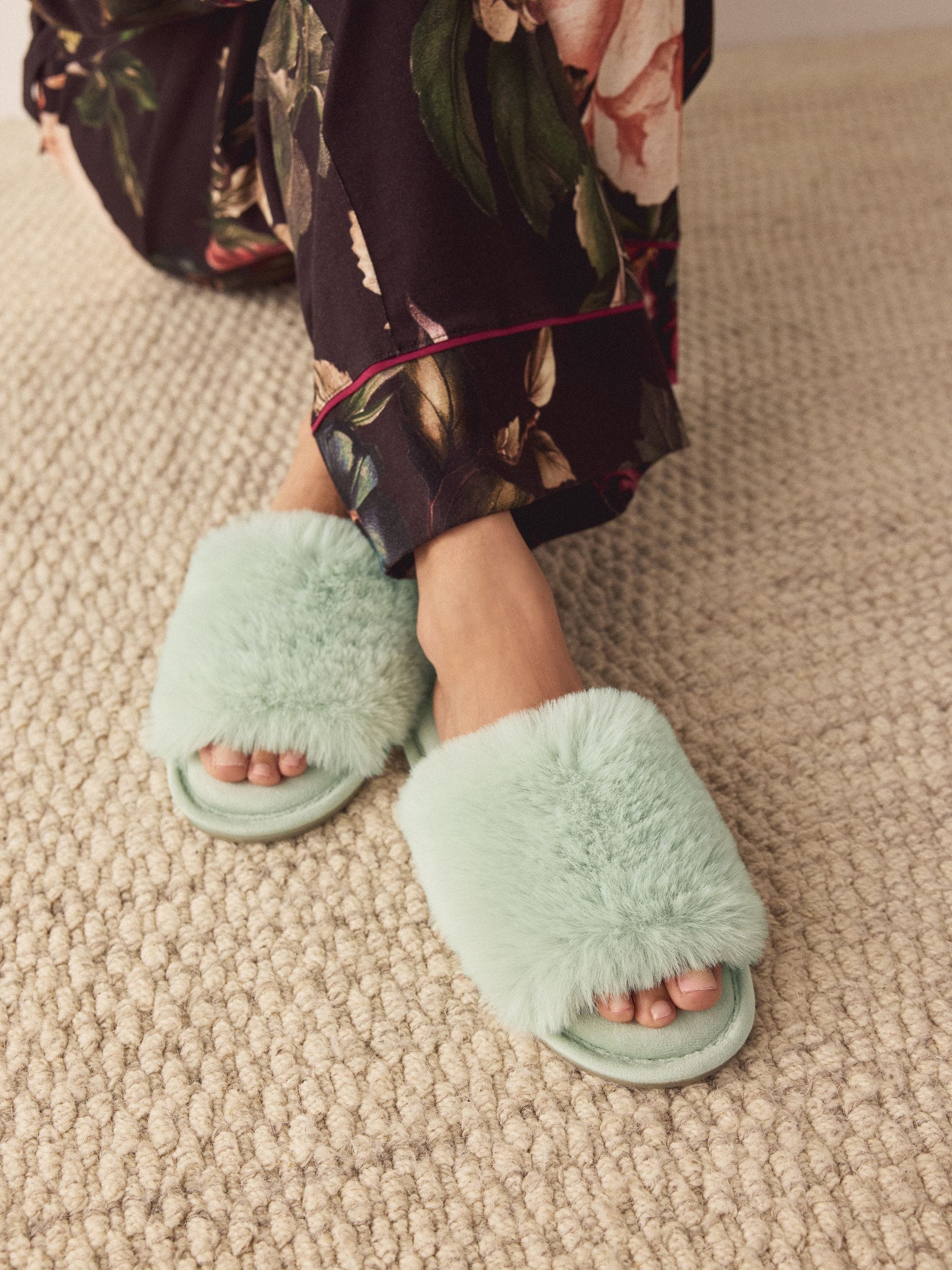 Buy Mint Green Faux Fur Lined Slider Slippers from Next USA