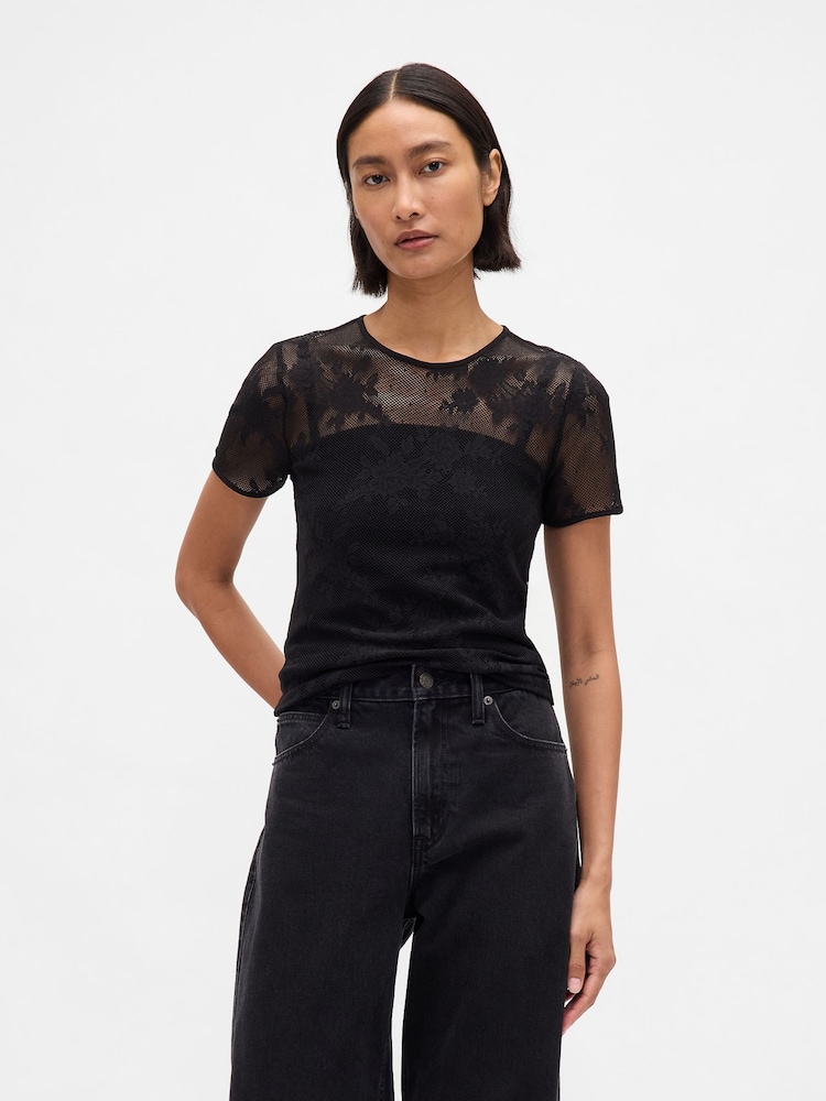 Gap Black Floral Lace Mesh Top - Image 1 of 4