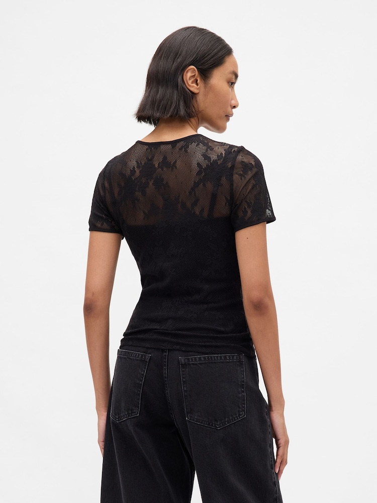 Gap Black Floral Lace Mesh Top - Image 2 of 4