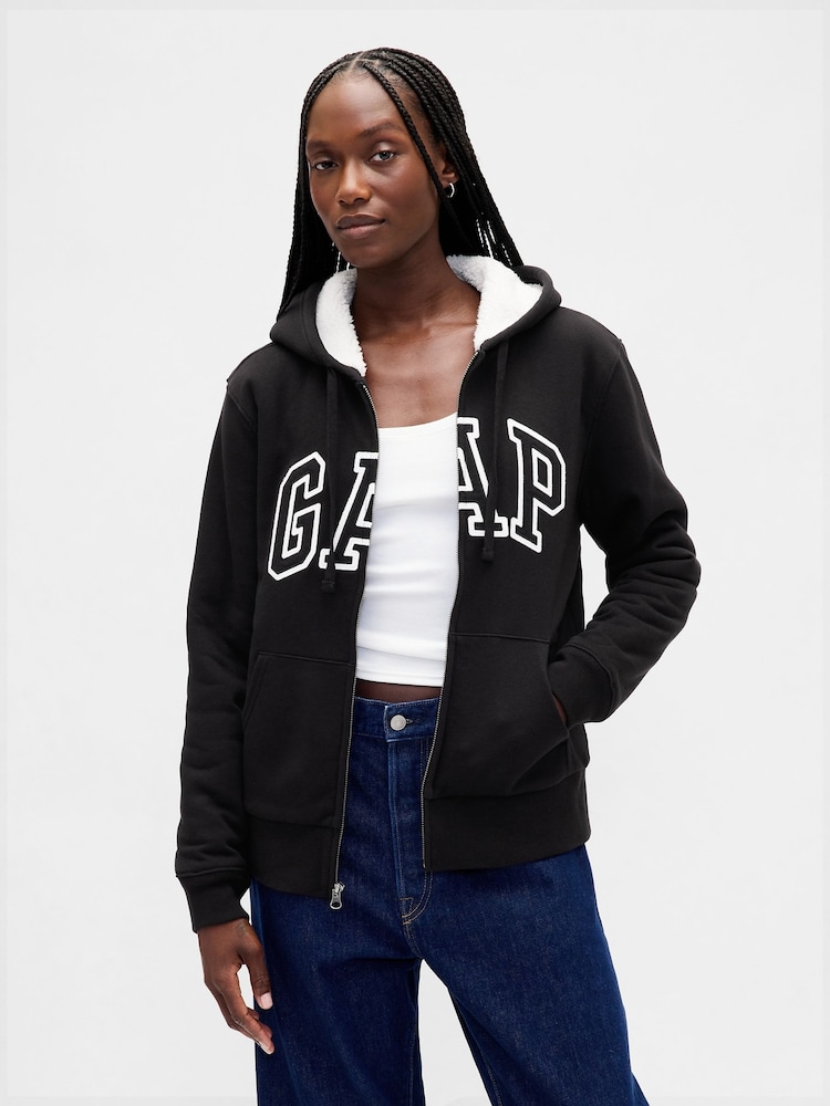 Gap Black Relaxed Logo Sherpa-Lined Zip Hoodie - Image 1 of 5 Gap Black Relaxed Logo Sherpa-Lined Zip Hoodie - Image 1 of 5
