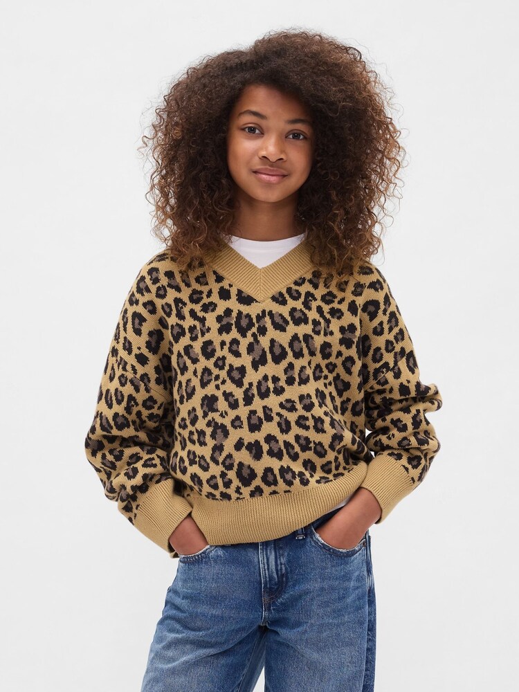 Gap Brown Leopard Print Boxy V-Neck Sweatshirt (4-13yrs) - Image 1 of 5