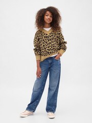 Gap Brown Leopard Print Boxy V-Neck Sweatshirt (4-13yrs) - Image 3 of 5