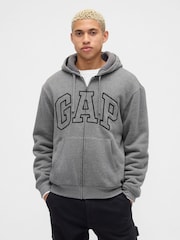 Gap Grey Relaxed Logo Sherpa-Lined Zip Hoodie - Image 1 of 4
