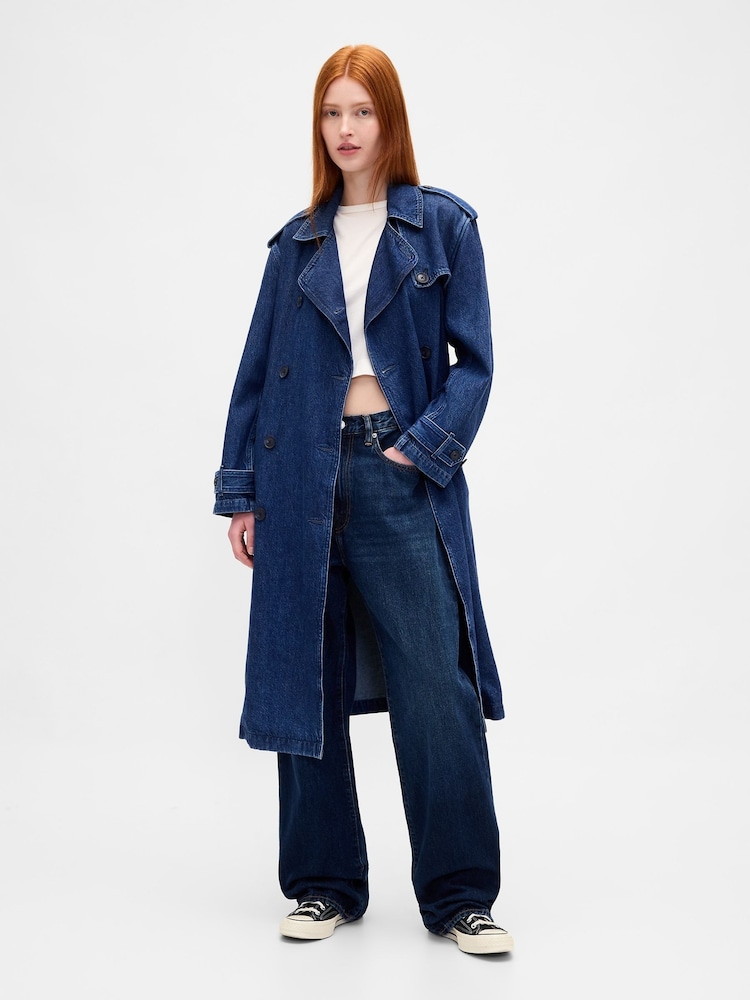 Gap Dark Indigo Blue UltraSoft Denim Trench Coat - Image 1 of 4 Gap Dark Indigo Blue UltraSoft Denim Trench Coat - Image 1 of 4