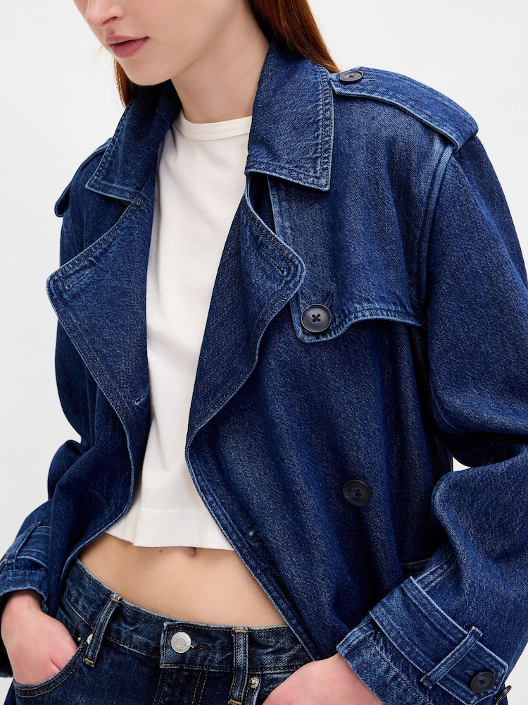 Gap Dark Indigo Blue UltraSoft Denim Trench Coat - Image 4 of 4 Gap Dark Indigo Blue UltraSoft Denim Trench Coat - Image 4 of 4