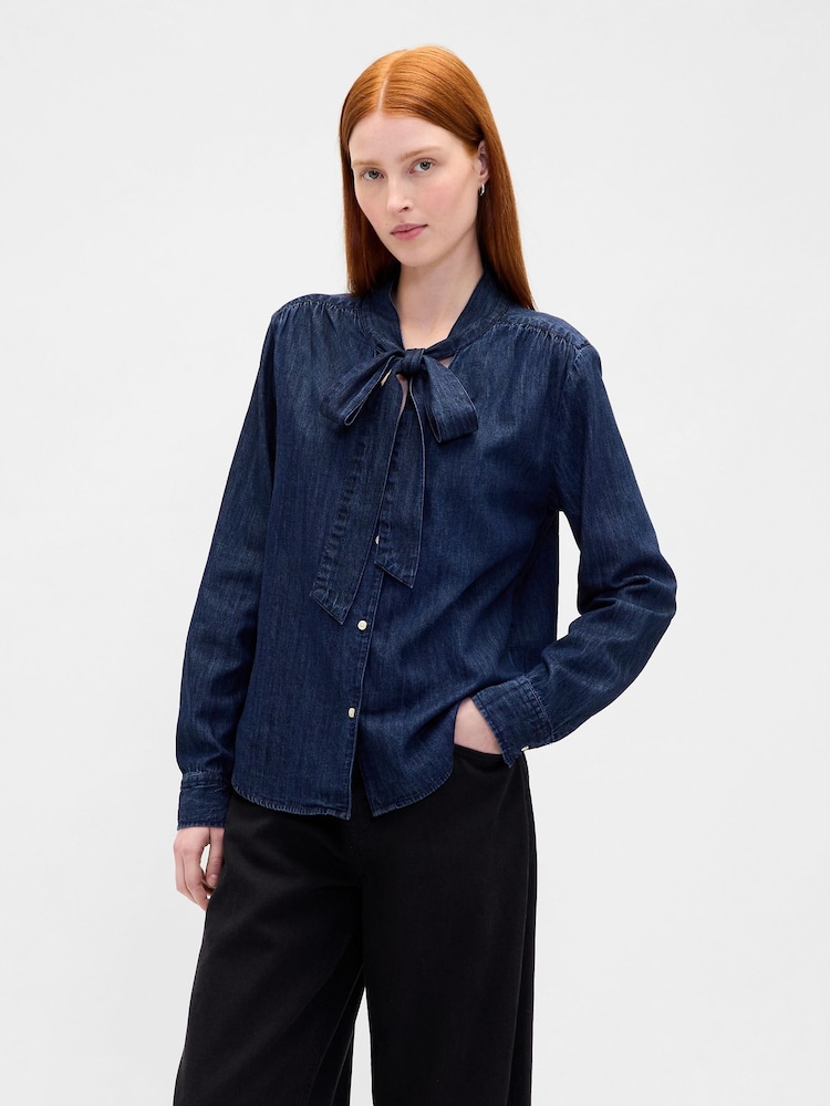 Gap Blue Denim Tie-Neck Shirt - Image 1 of 4