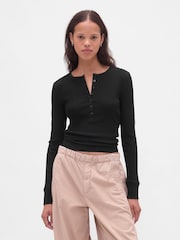 Gap Black Modern Rib Long Sleeve Henley T-Shirt - Image 1 of 4