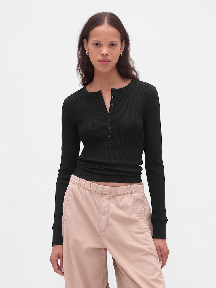 Gap Black Modern Rib Long Sleeve Henley T-Shirt - Image 1 of 4 Gap Black Modern Rib Long Sleeve Henley T-Shirt - Image 1 of 4