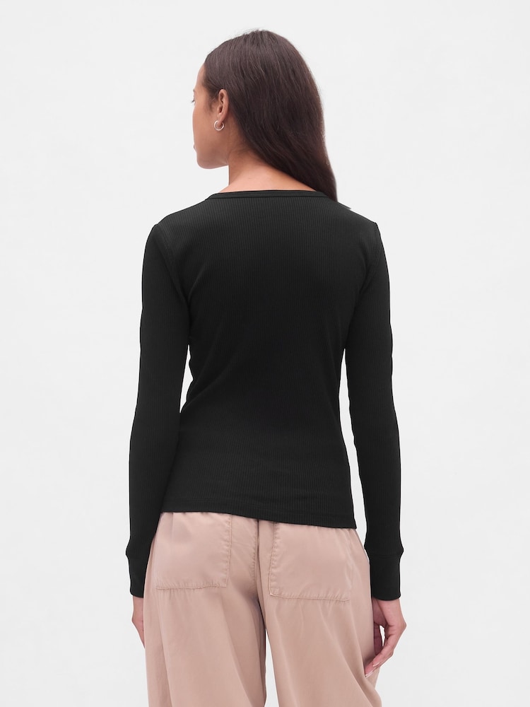 Gap Black Modern Rib Long Sleeve Henley T-Shirt - Image 2 of 4 Gap Black Modern Rib Long Sleeve Henley T-Shirt - Image 2 of 4