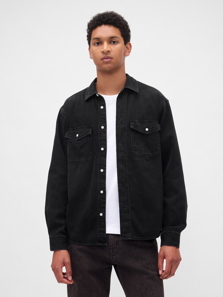 Gap Black UltraSoft Denim Relaxed Shirt - Image 1 of 4 Gap Black UltraSoft Denim Relaxed Shirt - Image 1 of 4