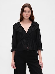 Gap Black Ruffle Collar V-Neck Top - Image 1 of 4
