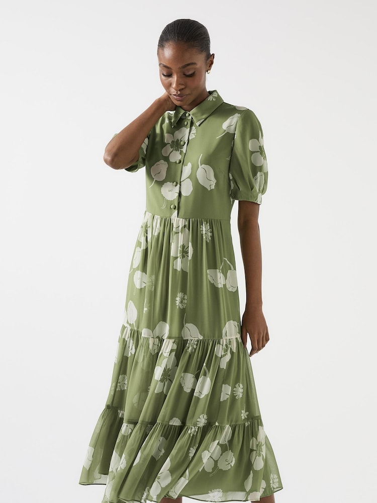 LK Bennett Green Relaxed Rumi Watercress & Birch Floral Print Tiered Dress - Image 1 of 4