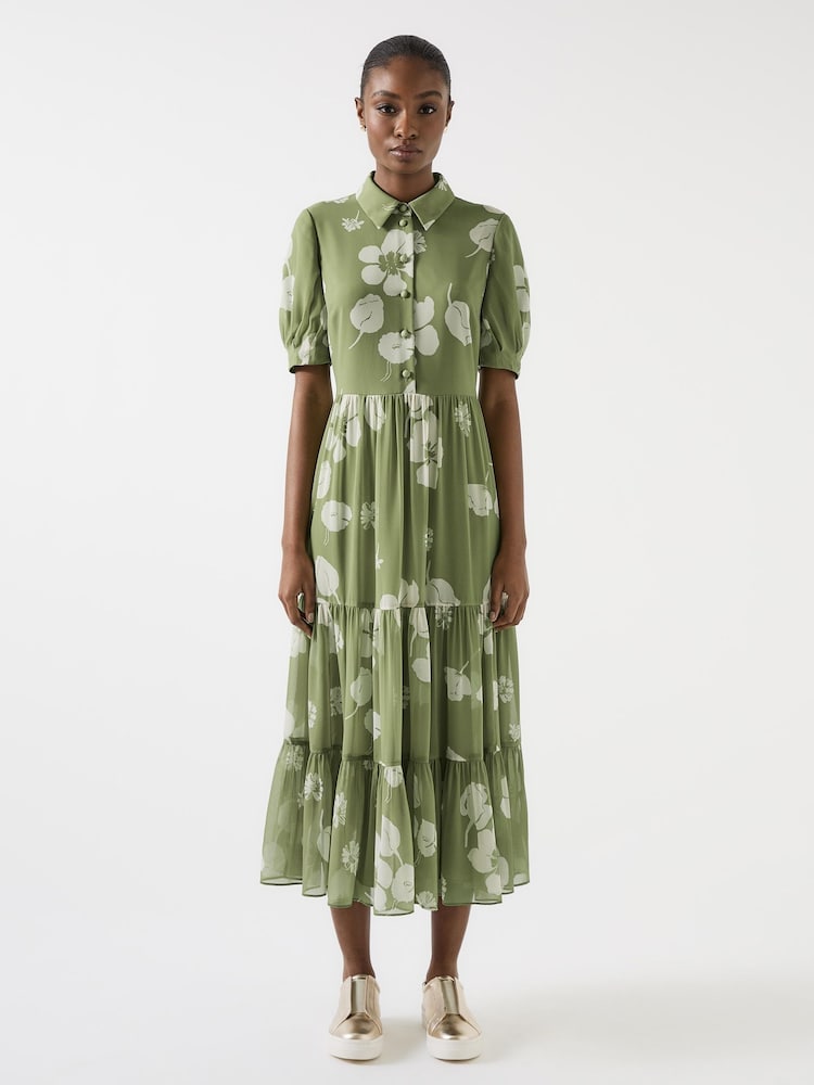 LK Bennett Green Relaxed Rumi Watercress & Birch Floral Print Tiered Dress - Image 2 of 4