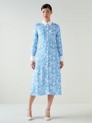 LK Bennett Blue Kate Meadow Print Viscose Shirt Dress With Self Fabric Belt - Image 1 of 4