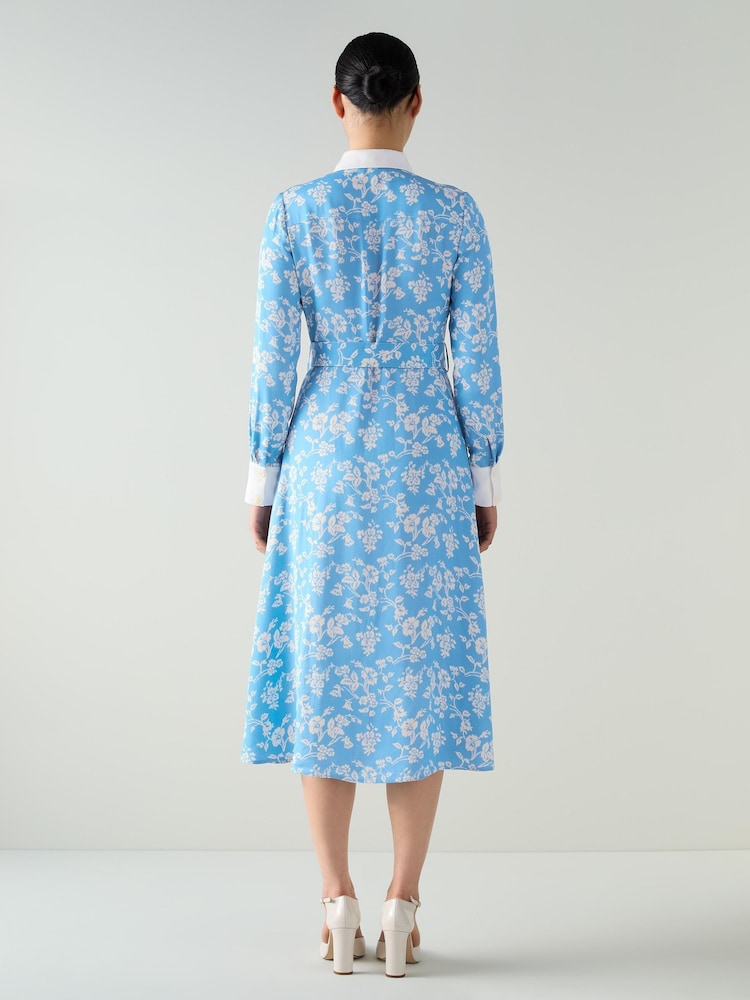 LK Bennett Blue Kate Meadow Print Viscose Shirt Dress With Self Fabric Belt - Image 2 of 4