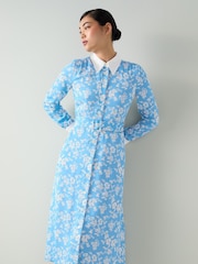 LK Bennett Blue Kate Meadow Print Viscose Shirt Dress With Self Fabric Belt - Image 3 of 4