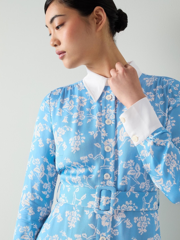 LK Bennett Blue Kate Meadow Print Viscose Shirt Dress With Self Fabric Belt - Image 4 of 4