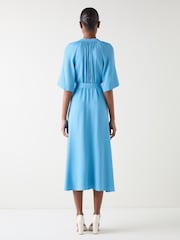 LK Bennett Blue Amber Plain Viscose Satin Dress With Self Covered Belt - Image 2 of 4
