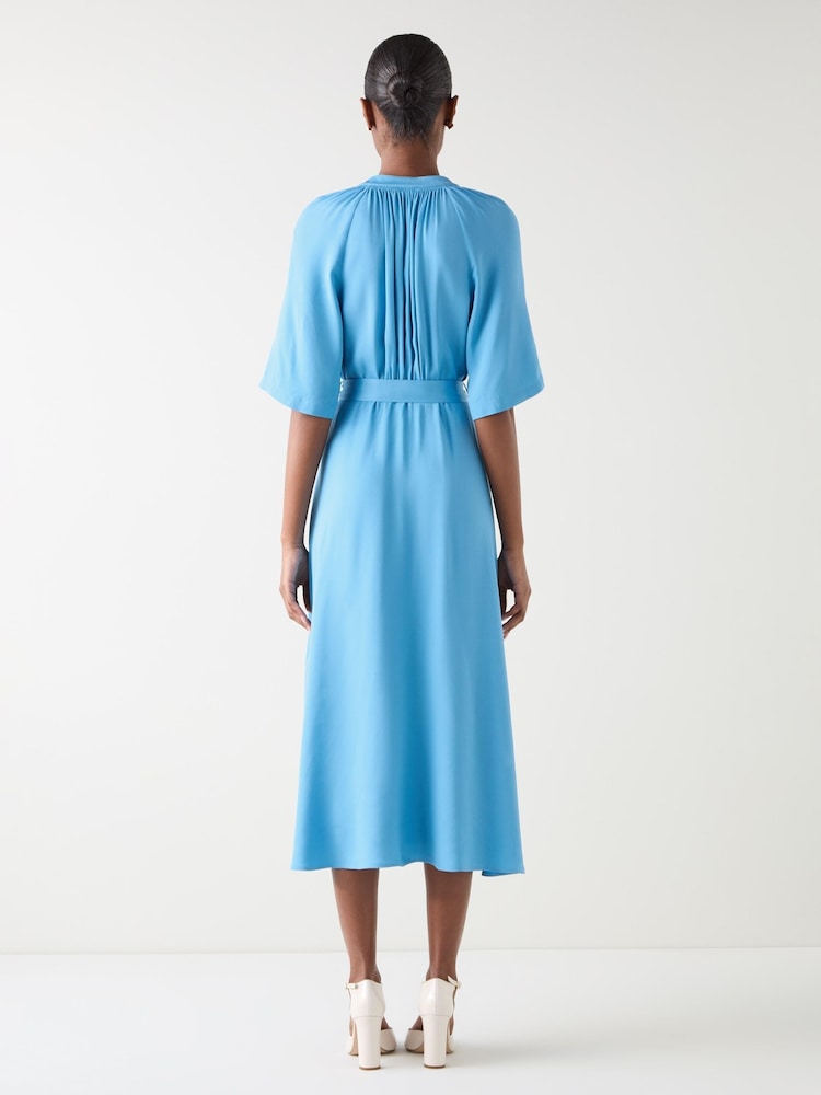 LK Bennett Blue Amber Plain Viscose Satin Dress With Self Covered Belt - Image 2 of 4