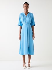 LK Bennett Blue Amber Plain Viscose Satin Dress With Self Covered Belt - Image 3 of 4
