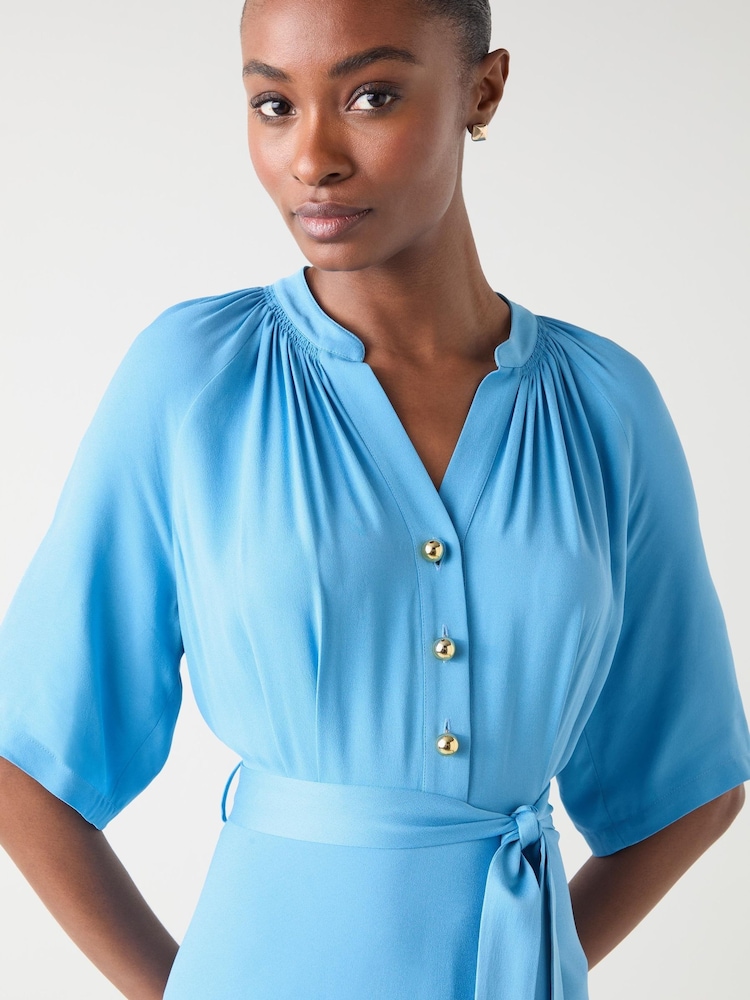 LK Bennett Blue Amber Plain Viscose Satin Dress With Self Covered Belt - Image 4 of 4
