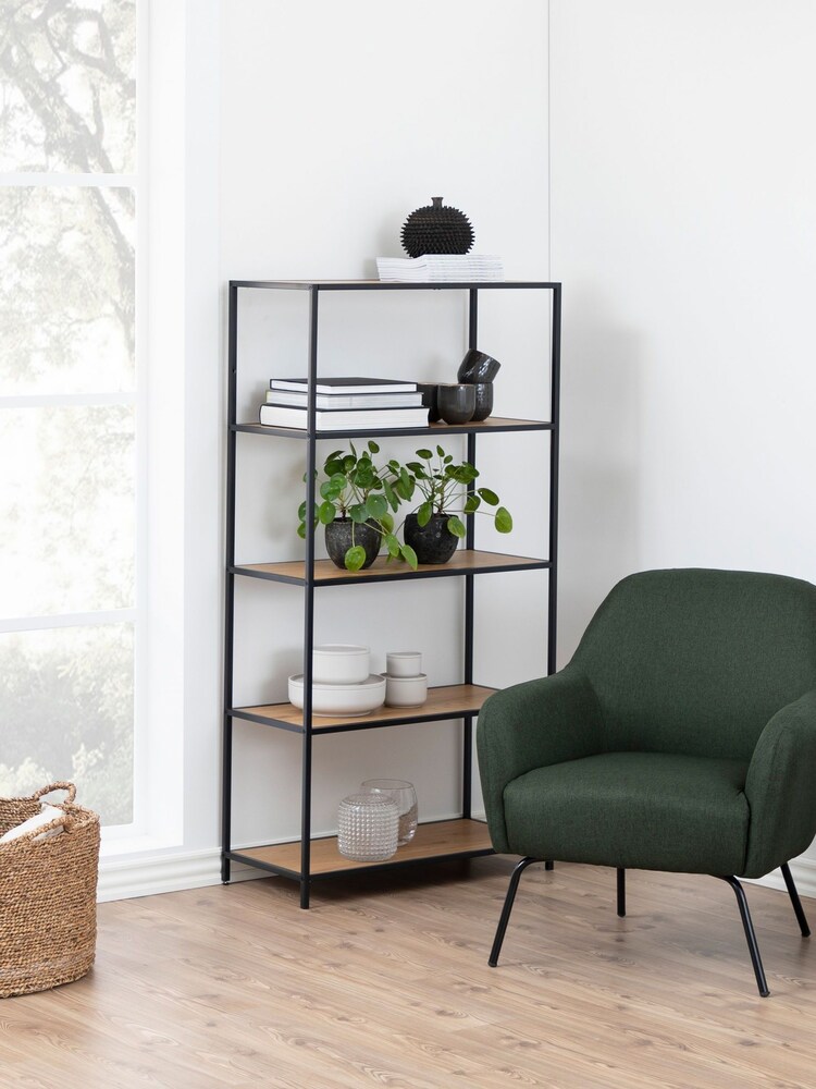 Actona Black Oak Seaford Tall Metal Bookcase with 4 Oak Shelves - Image 1 of 5