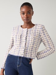 LK Bennett Millie Ivory Tweed Fluffy Shoulder Pad Cardigan - Imagem 1 de 4