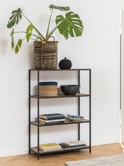 Actona Black Seaford Metal Low Bookcase with 3 Oak Shelves - Image 2 of 5