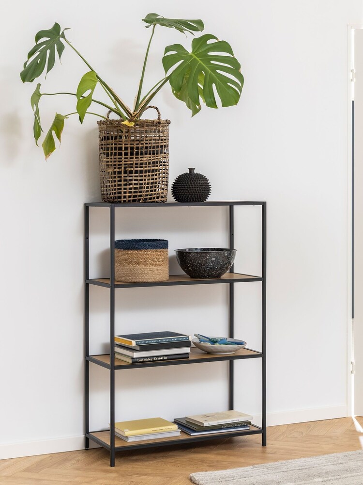 Actona Black Seaford Metal Low Bookcase with 3 Oak Shelves - Image 2 of 5