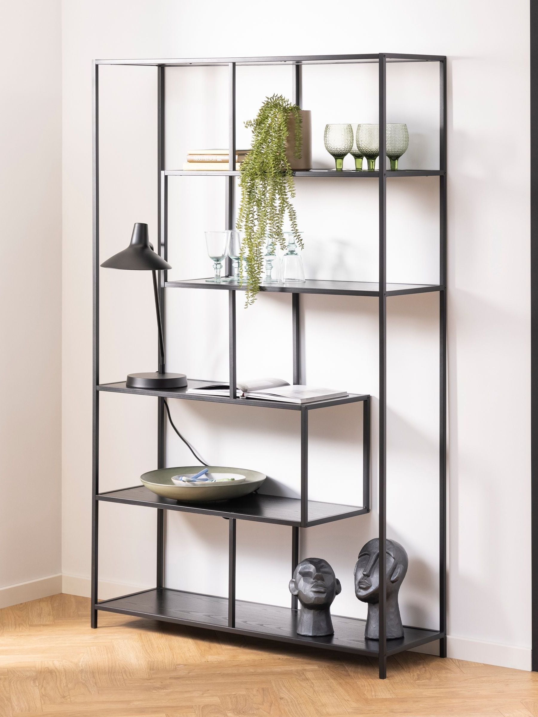 Actona Unisex Black Seaford Metal Large Asymmetrical Bookcase With 5 Shelves