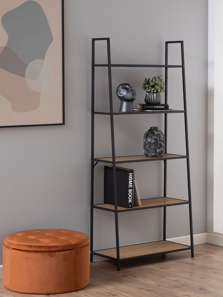 Actona Black Seaford Metal Ladder Bookcase with 5 Oak Shelves - Image 1 of 6