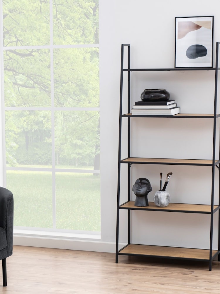 Actona Black Seaford Metal Ladder Bookcase with 5 Oak Shelves - Image 2 of 6