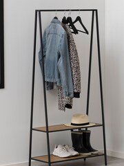 Actona Black Oak Seaford Metal Clothes Rack with 2 Oak Shelves - Image 2 of 6
