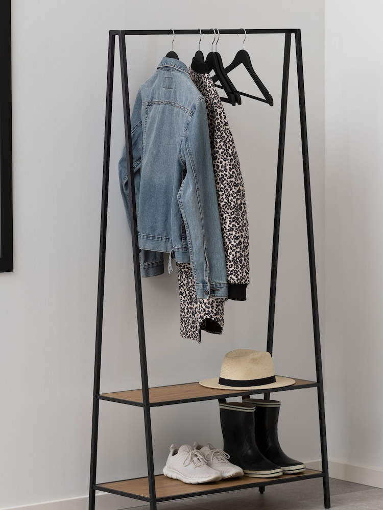 Actona Black Oak Seaford Metal Clothes Rack with 2 Oak Shelves - Image 2 of 6 Actona Black Oak Seaford Metal Clothes Rack with 2 Oak Shelves - Image 2 of 6