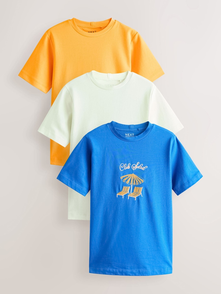 نقشة جرافيك أزرق/برتقالي/أبيض - حزمة من 3 تيشرتات أساسية ثقيلة - صورة 1 من 10