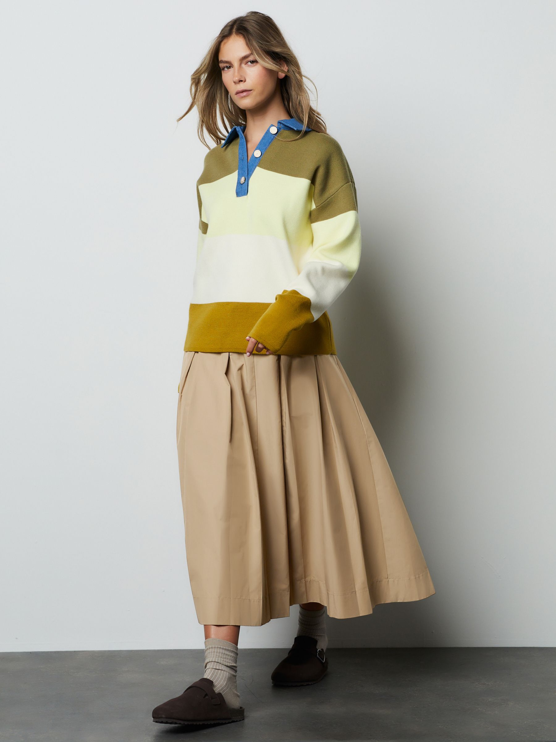 Buy Green Stripe Denim Collar Cosy Soft Touch Long Sleeve Polo