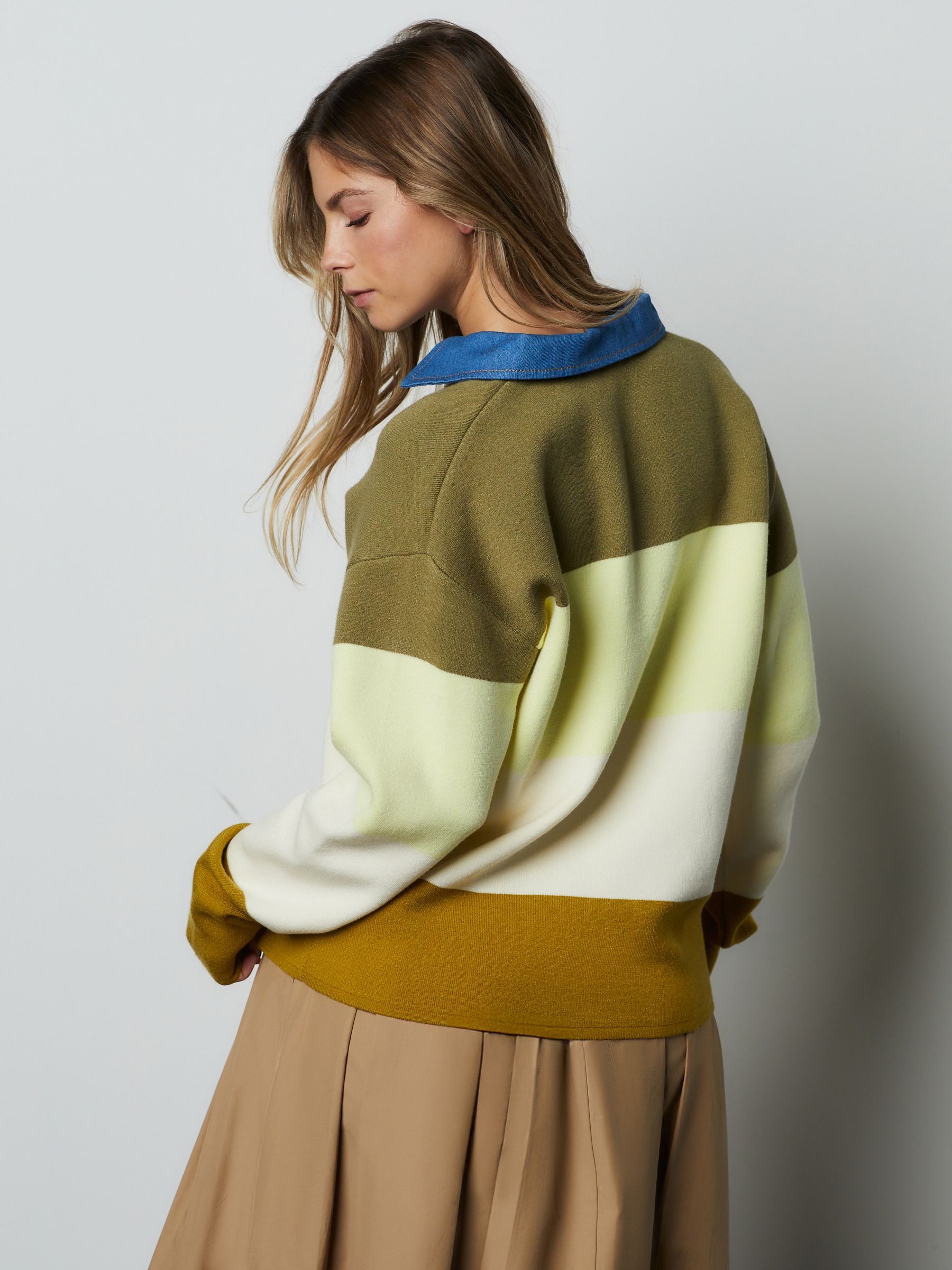 Buy Green Stripe Denim Collar Cosy Soft Touch Long Sleeve Polo