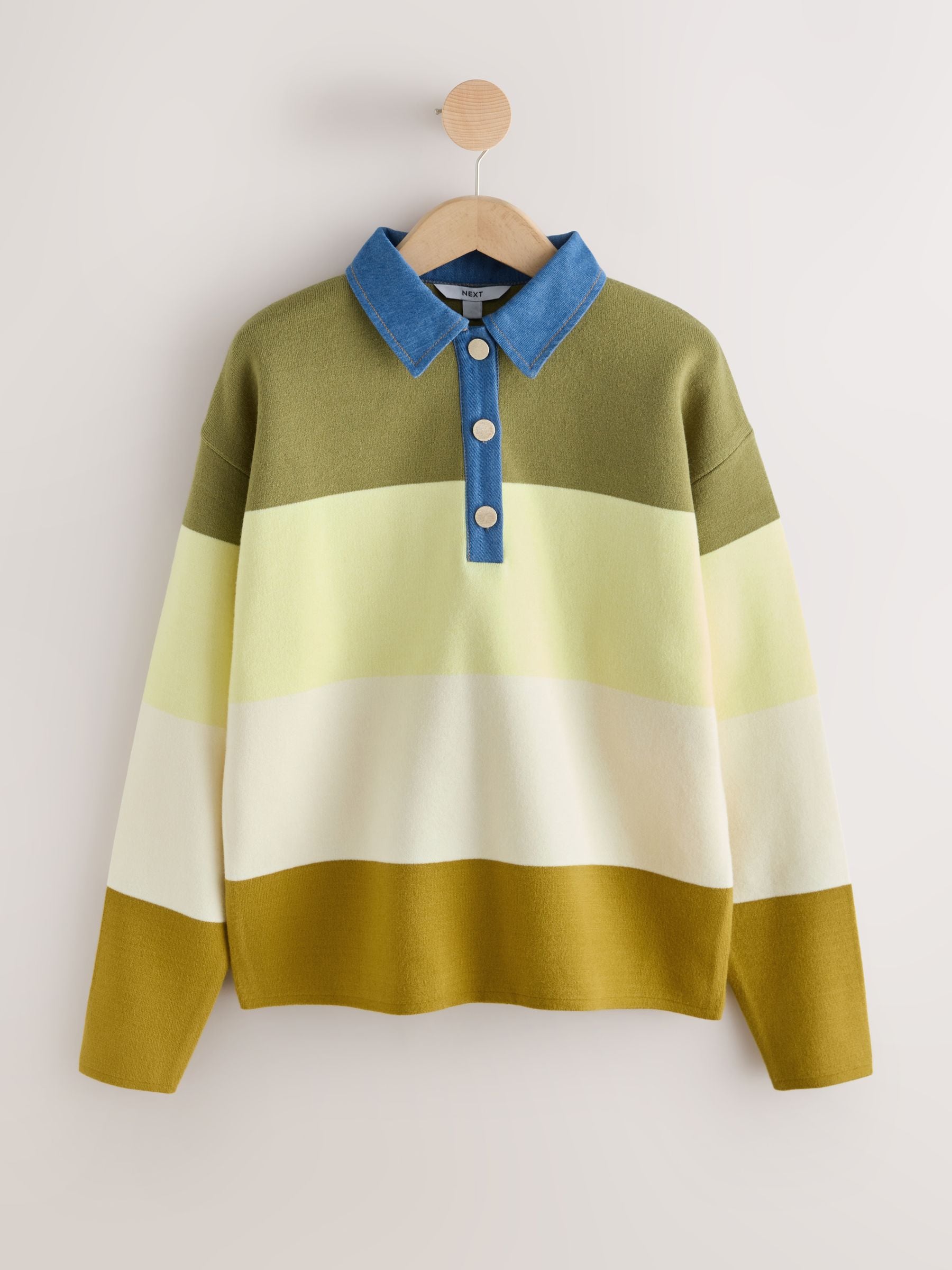 Buy Green Stripe Denim Collar Cosy Soft Touch Long Sleeve Polo