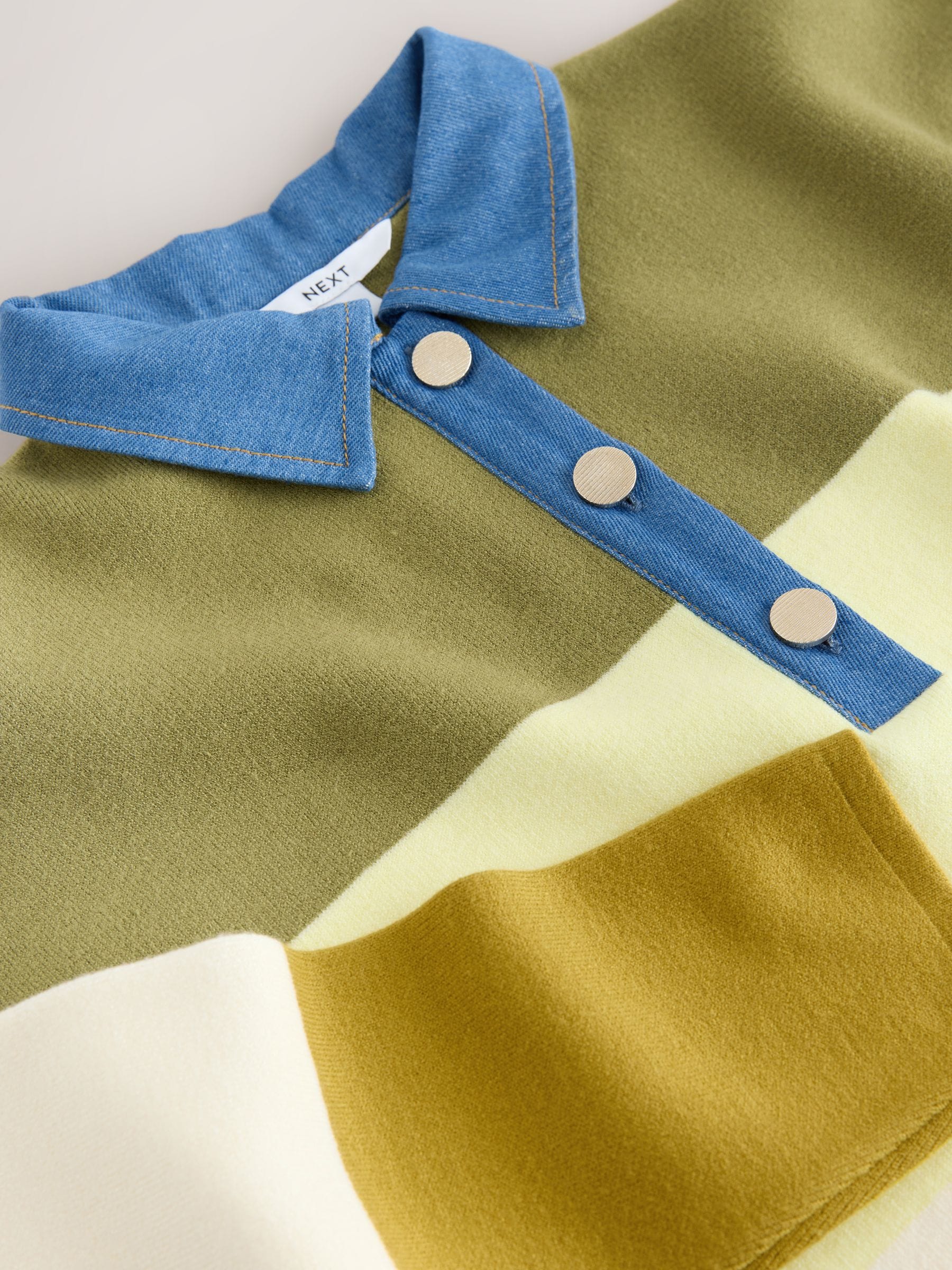 Buy Green Stripe Denim Collar Cosy Soft Touch Long Sleeve Polo