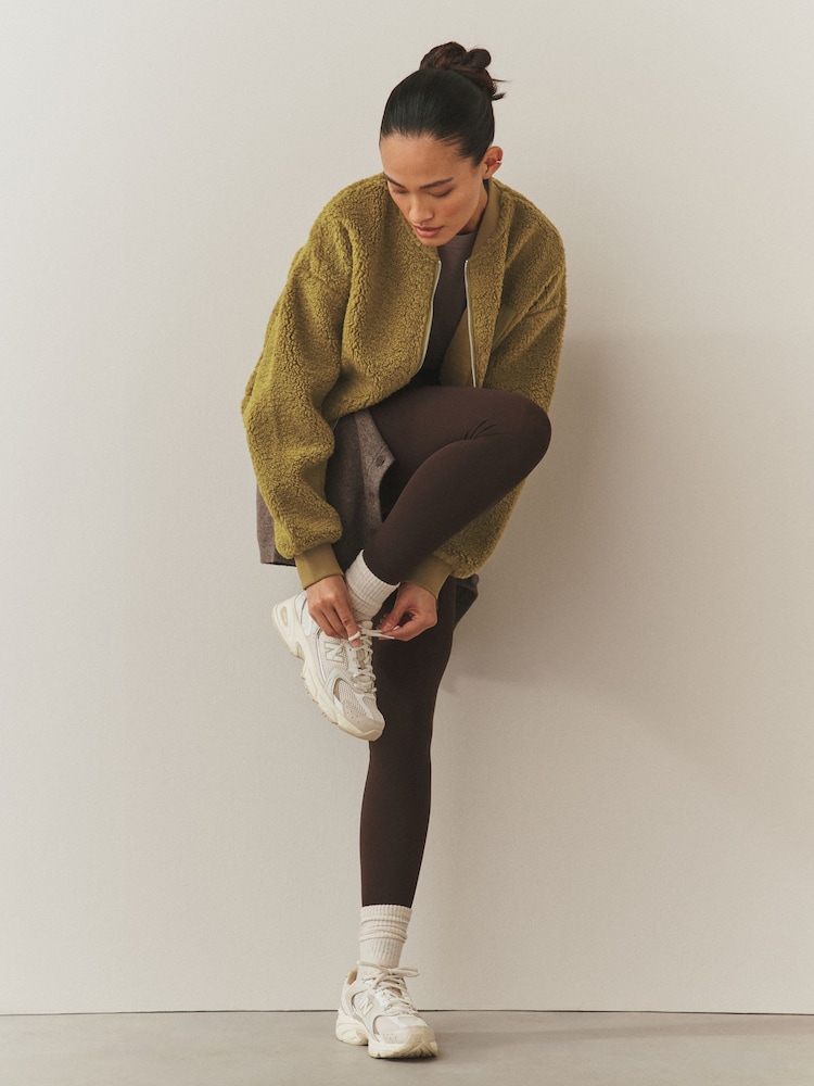 Olive Green Borg with Woven Mix Pocket Bomber Jacket - Image 2 of 8