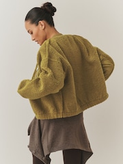 Olive Green Borg with Woven Mix Pocket Bomber Jacket - Image 4 of 8