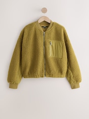 Olive Green Borg with Woven Mix Pocket Bomber Jacket - Image 6 of 8