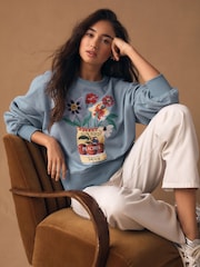 Pale Blue Embroidered Tinned Flowers Graphic Sweatshirt - Image 1 of 8