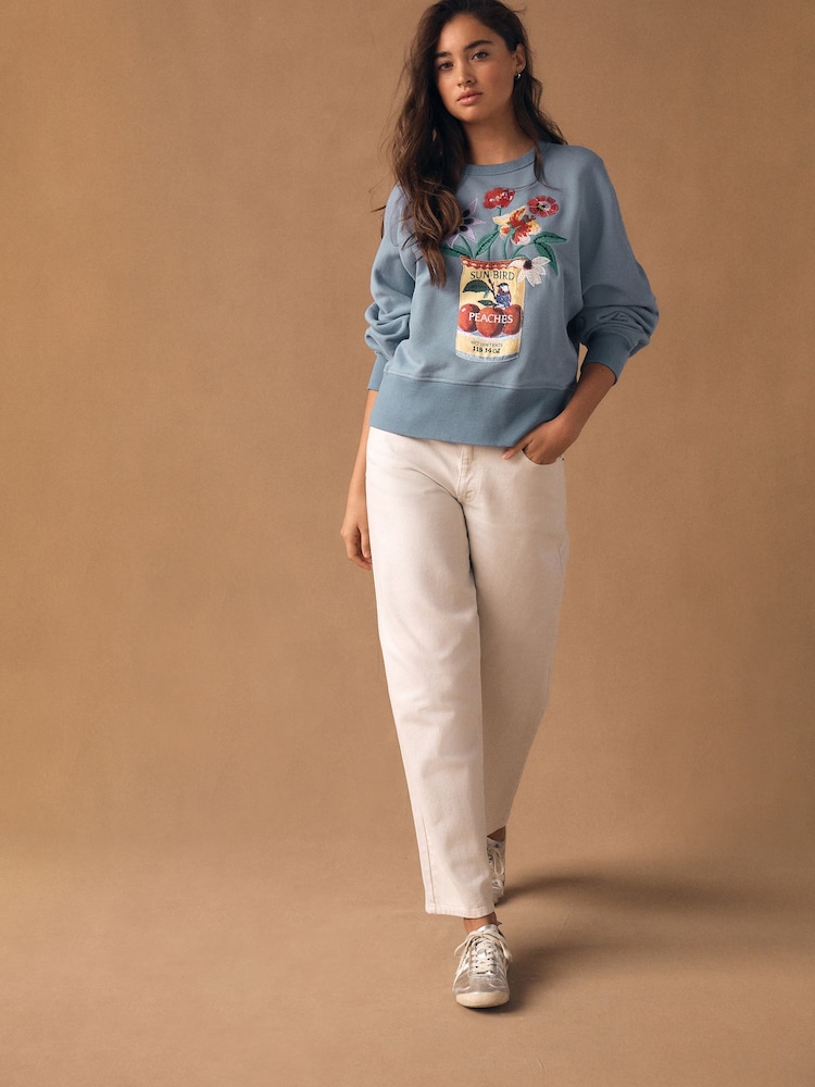 Pale Blue Embroidered Tinned Flowers Graphic Sweatshirt - Image 2 of 8