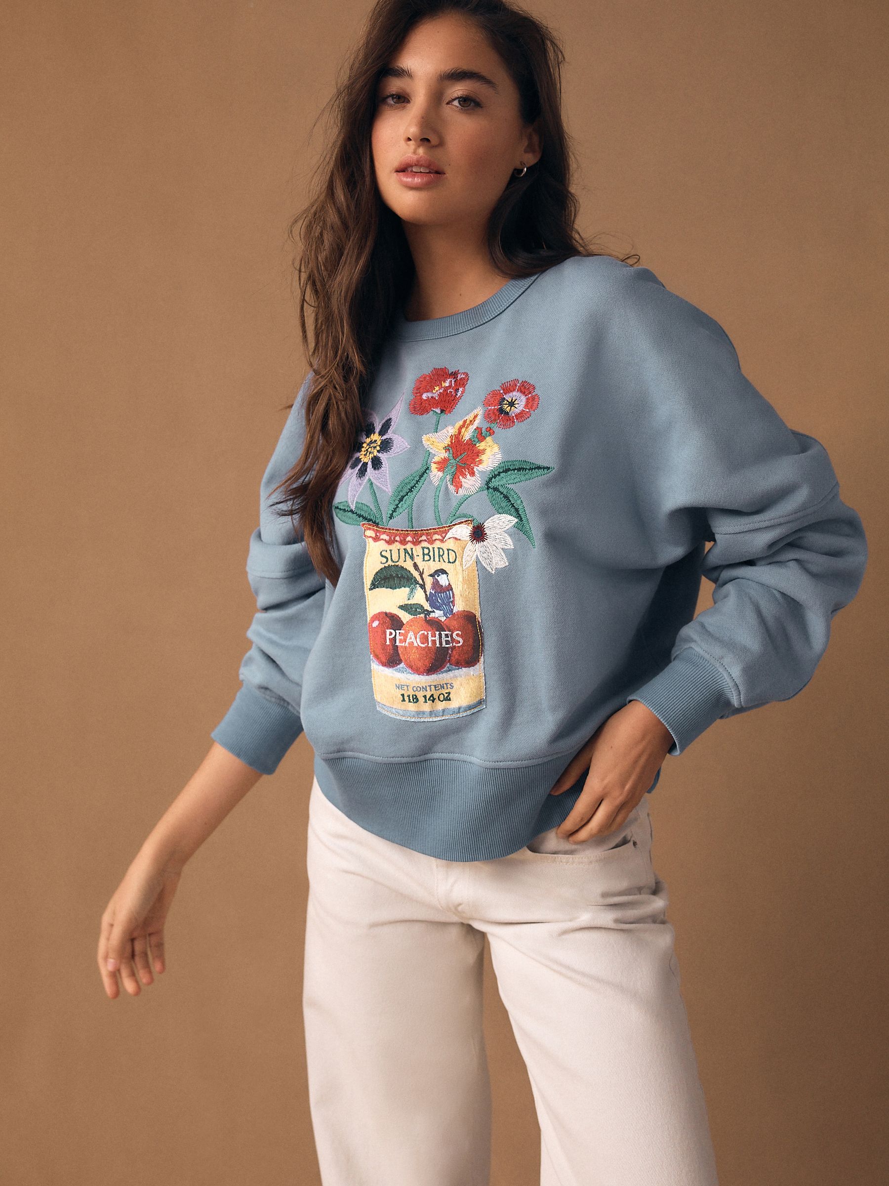 Buy Pale Blue Embroidered Tinned Flowers Graphic Sweatshirt from